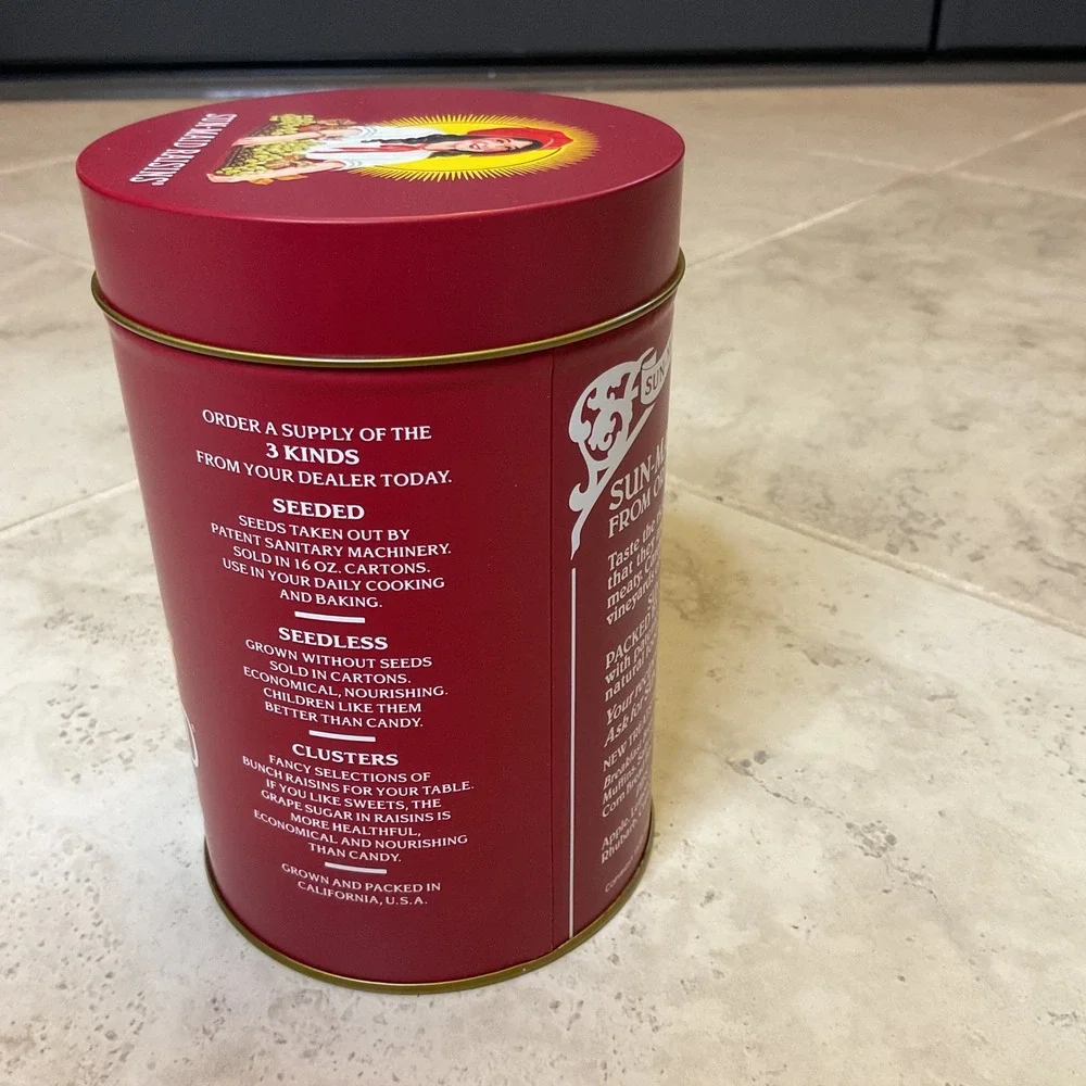 Vintage Sun-Maid Raisins Collectible Red Metal Tin Storage Canister with Recipe